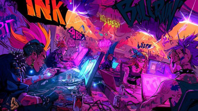 A vibrant cyberpunk-style illustration depicting punk characters with mohawks at computer workstations in a graffiti-covered internet cafe labeled 'INK' and 'GUILD'.