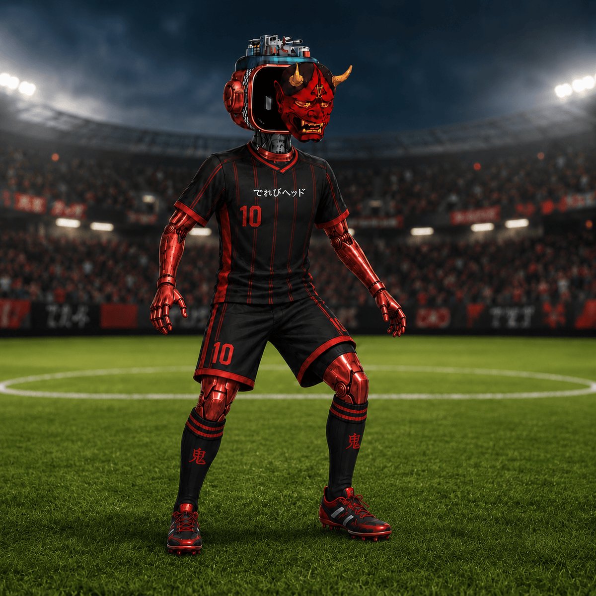 The image features a robot wearing a soccer uniform with the number 10 on its chest. The robot has red and black colors, giving it an intimidating appearance. In the background, there are people watching the scene unfold. The caption of the image reads "GM $SUI fam and #Crypto frens Don'T be afraid of trials, use your head". This message is related to the soccer player's uniform as a symbol for unity and strength in facing challenges together.

The robot appears to be standing on a field with its arms outstretched, giving it an imposing presence. The people watching from behind are likely intrigued by this unusual sight or perhaps even participating in a game of their own.