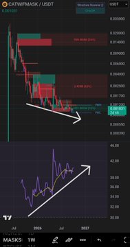 A TradingView chart for CATWMAK/USDT showing price action with descending trend arrows and an RSI indicator, displayed on a weekly timeframe.