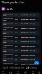 A screenshot of a SalsFx Discord server displaying multiple trade signals posted by @salsfx, accompanying a congratulatory post celebrating them as the winner of a $200 prize.