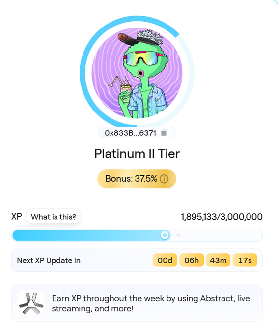 A digital profile interface showing 'Platinum II Tier' with a 37.5% bonus, an XP progress bar at 1,895,133/3,000,000, and an alien avatar holding a drink.
