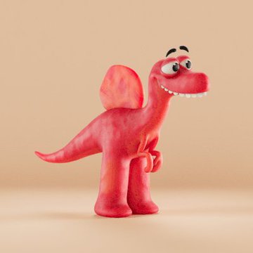 A 3D-rendered pink cartoon dinosaur toy with a smiling expression standing against a plain beige background.