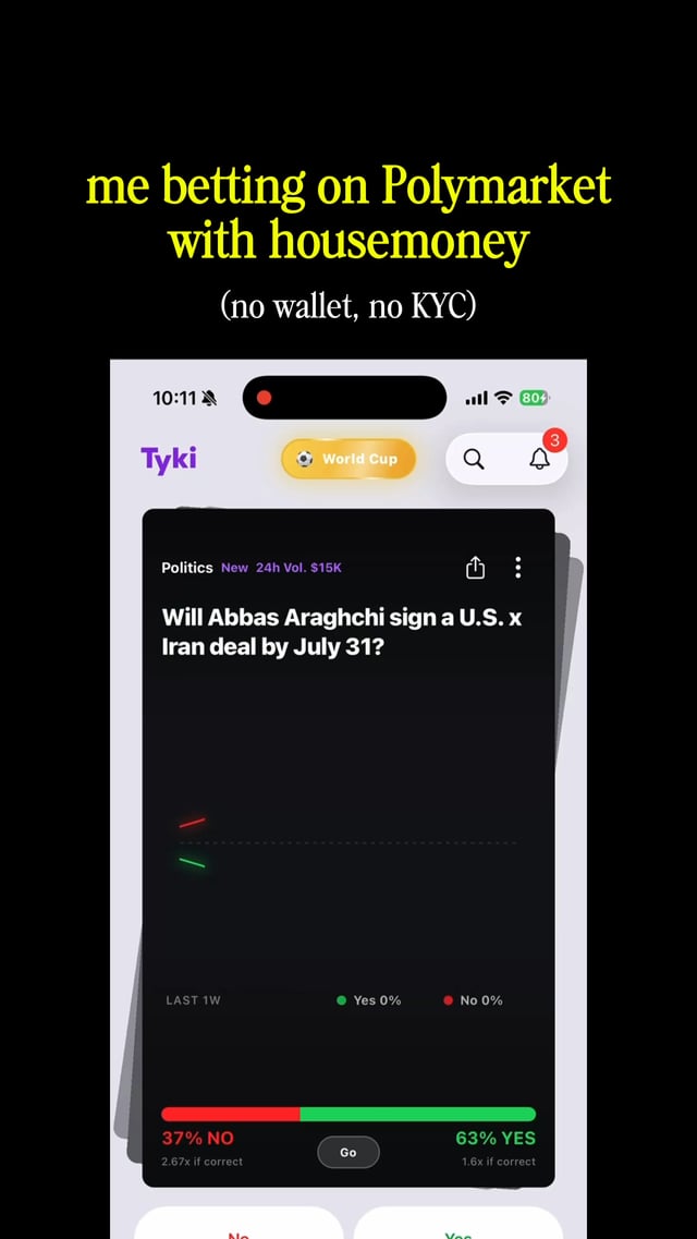 The image shows a cell phone screen displaying an app called "Polymarket", which appears to be related to sports or gambling. The text on the screen reads "me betting on Polymarket with housemoney (no wallet, no kyc)". This suggests that the user is trying to participate in a game or activity involving Polymarket, possibly for money or prizes.