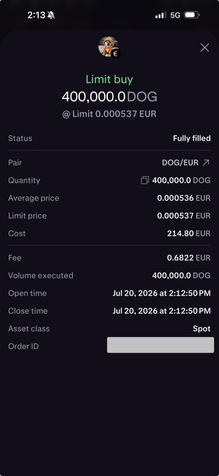 A cryptocurrency trading app showing a fully filled limit buy order for 400,000 DOG at 0.000537 EUR, totaling 214.80 EUR with a 0.6822 EUR fee, executed on July 20, 2026.