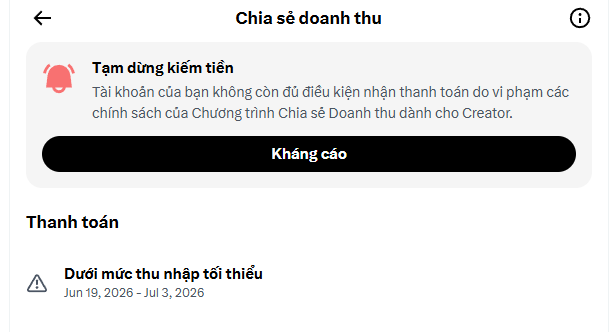 A Vietnamese language screenshot showing a 'Chia sẻ doanh thu' (Revenue Sharing) notification indicating 'Tạm dừng kiếm tiền' (Monetization paused) with a 'Kháng cáo' (Appeal) button, along with payment information showing earnings below the minimum threshold.