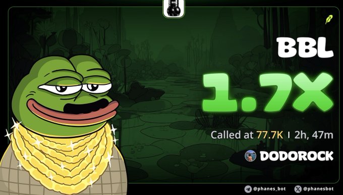 A Pepe the Frog meme with gold chains is shown alongside a 'BBL 1.7x' graphic, credited to DODOROCK with social handles @phanes_bot.