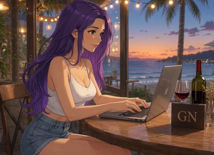 An anime-style illustration of a purple-haired woman working on a laptop at an outdoor seaside café during sunset, with a wine bottle and glass on the table beside her.