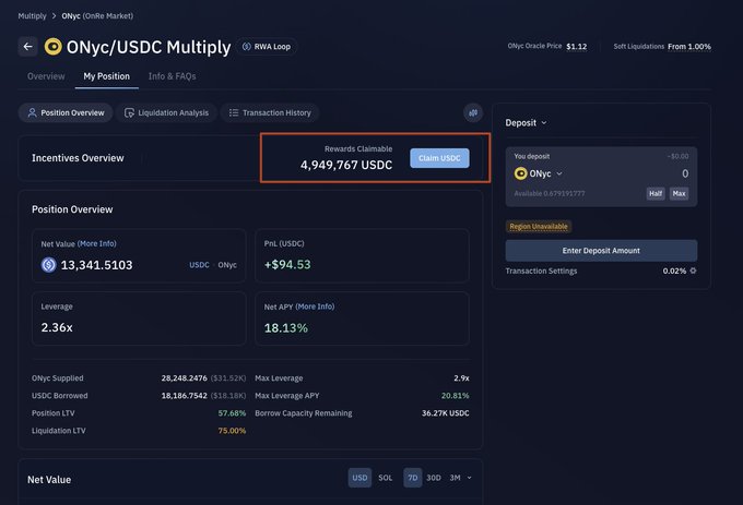 The image shows a screenshot of a computer screen with text displayed, including details about USDCMultiply. The title "ONYC/USDC Multiply" can be seen in various locations throughout the screen. The focus of the image is on the account balance and transaction history, providing an overview of the user's recent transactions involving the USDC currency.