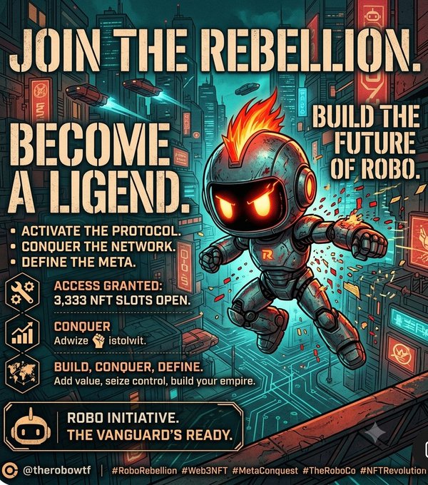 A cyberpunk-style NFT advertisement poster for 'Robo Rebellion' (@therobowtf), encouraging viewers to 'JOIN THE REBELLION, BECOME A LEGEND' with 3,333 NFT slots open.