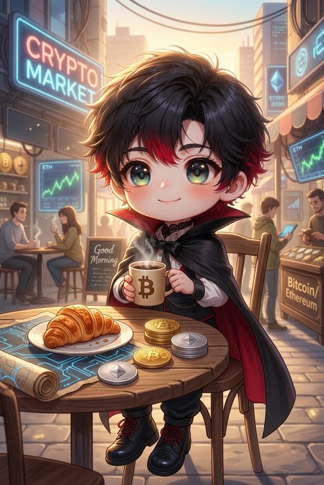 A chibi-style anime illustration of a boy with black and red hair wearing a vampire cape, holding a Bitcoin mug at a cafe with a neon 'CRYPTO MARKET' sign and Ethereum/Bitcoin displays in the background.