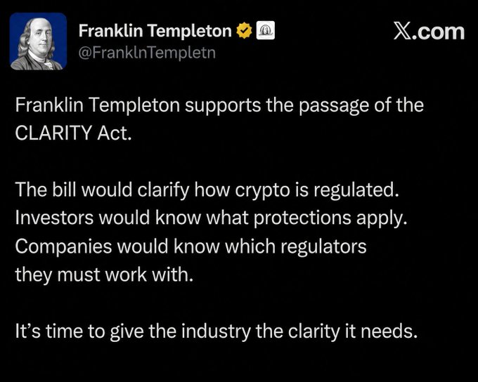 The image shows a verified X (Twitter) post from the official Franklin Templeton account (@FranklnTempletn) announcing their support for the CLARITY Act, stating it would clarify crypto regulation, define investor protections, and identify which regulators companies must work with. The accompanying post amplifies this message, highlighting Wall Street's growing support for the bill and declaring "XRP is ready," aligning Franklin Templeton's endorsement with the broader push for regulatory clarity in the crypto industry.
