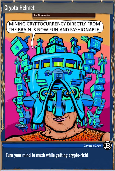 The image features a man's face with a blue helmet that has various objects, including a bunch of boxes stacked on top of each other, giving an impression of a futuristic or cyborg-like appearance. The caption below the image reads "CRYPTOHELMET My 5th NFT (April 17, 2018) on @CounterpartyXCP Early #comic #satire of how crypto culture can quickly go overboard". This suggests that the man's face is part of a larger artistic project or series related to cryptocurrency and digital art.