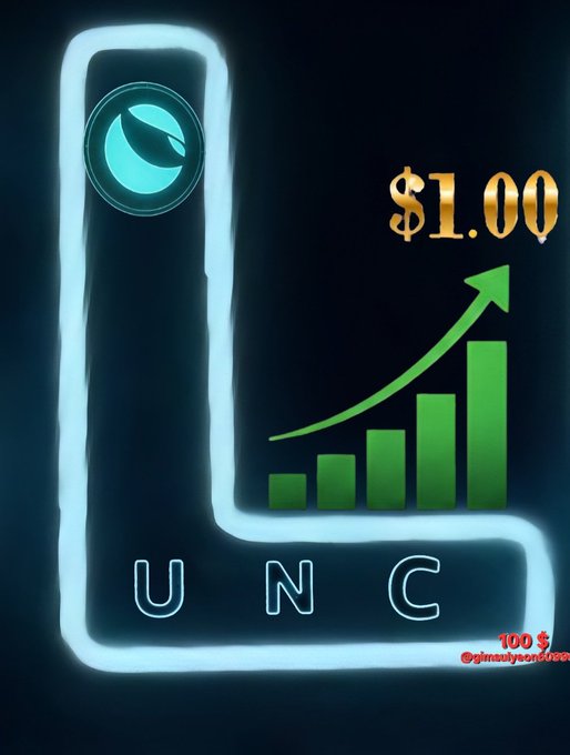 A neon-outlined LUNC (Terra Classic) graphic displays the coin's symbol with an ascending bar chart, a rising arrow, a price tag of $1.00, and the handle @gimuliyoonterra.