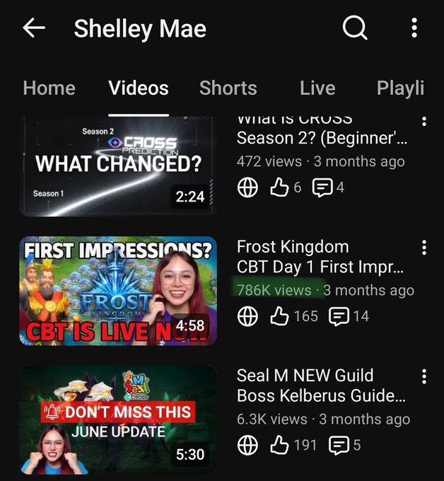 A YouTube channel page for "Shelley Mae" displaying the Videos tab, featuring thumbnails for videos titled "WHAT CHANGED?", "FIRST IMPRESSIONS? CBT IS LIVE NOW!", and "DON'T MISS THIS JUNE UPDATE".