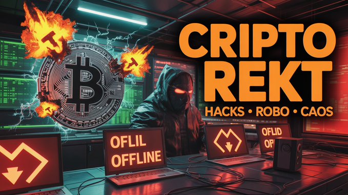 The image features a man sitting at a computer desk with a keyboard, surrounded by monitors displaying various data. The background of the image has a dark color scheme, which complements the overall theme of the post. The text "CRITTO REKT" is prominently displayed in large letters above the man's head, and there are three monitors on the right side of the desk with different colors: red, green, and black. Additionally, there are two keyboards visible in the image - one near the center and another towards the bottom left corner. The post also mentions Bitcoin and Offline wallets as part of its content.