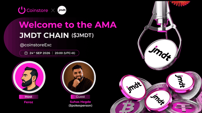 A promotional graphic for a Coinstore x JMDT AMA event featuring JMDT tokens, scheduled for 24th Sep 2026, with host Feroz and guest Suhas Hegde.