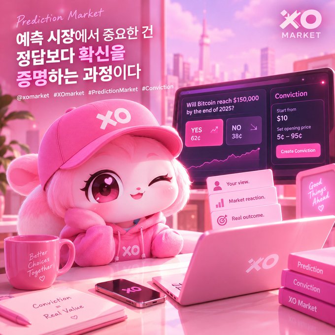A pink-themed digital marketing graphic for 'XO Market,' a Korean prediction market platform, featuring a cute pink mascot character and text about making better choices through prediction markets, with a screen showing 'Will Bitcoin reach $150,000 by the end of 2025?'