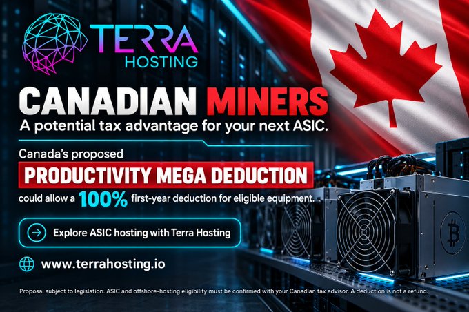 An advertisement from Terra Hosting for Canadian miners, promoting a 'PRODUCTIVITY MEGA DEDUCTION' allowing 100% first-year deduction for eligible ASIC equipment, with website terrahosting.io and a Canadian flag background.