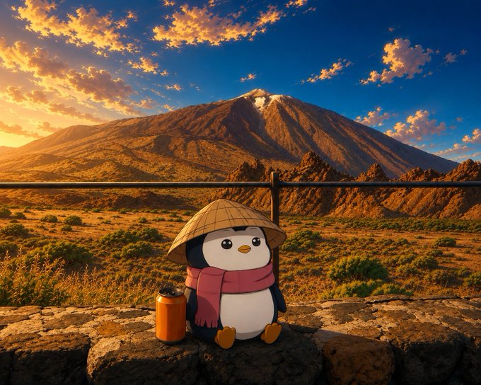 An animated illustration depicts a cute penguin wearing a straw hat and red scarf, sitting on a stone wall with a small orange thermos beside it, against a dramatic mountain landscape at sunset.