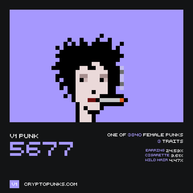 A CryptoPunks digital collectible image labeled 'V1 PUNK 5677', showing a female punk with wild hair and a cigarette, noted as 'ONE OF 3840 FEMALE PUNKS' with 3 traits.