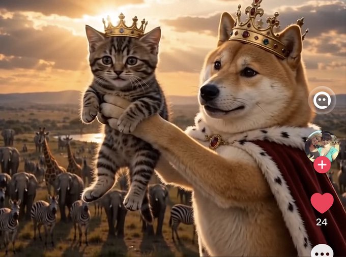 A regal Shiba Inu wearing a golden crown and royal cape holds up a small kitten also wearing a crown against a savanna backdrop filled with zebras and giraffes. The image resembles a social media post styled like a TikTok or Instagram Reel, with a heart icon showing "24" likes and a "+" button to add reactions. This fits the "$cate" theme by playfully combining "doge" (Shiba Inu) royalty with a "cat" companion, blending the two internet-famous meme animal themes.