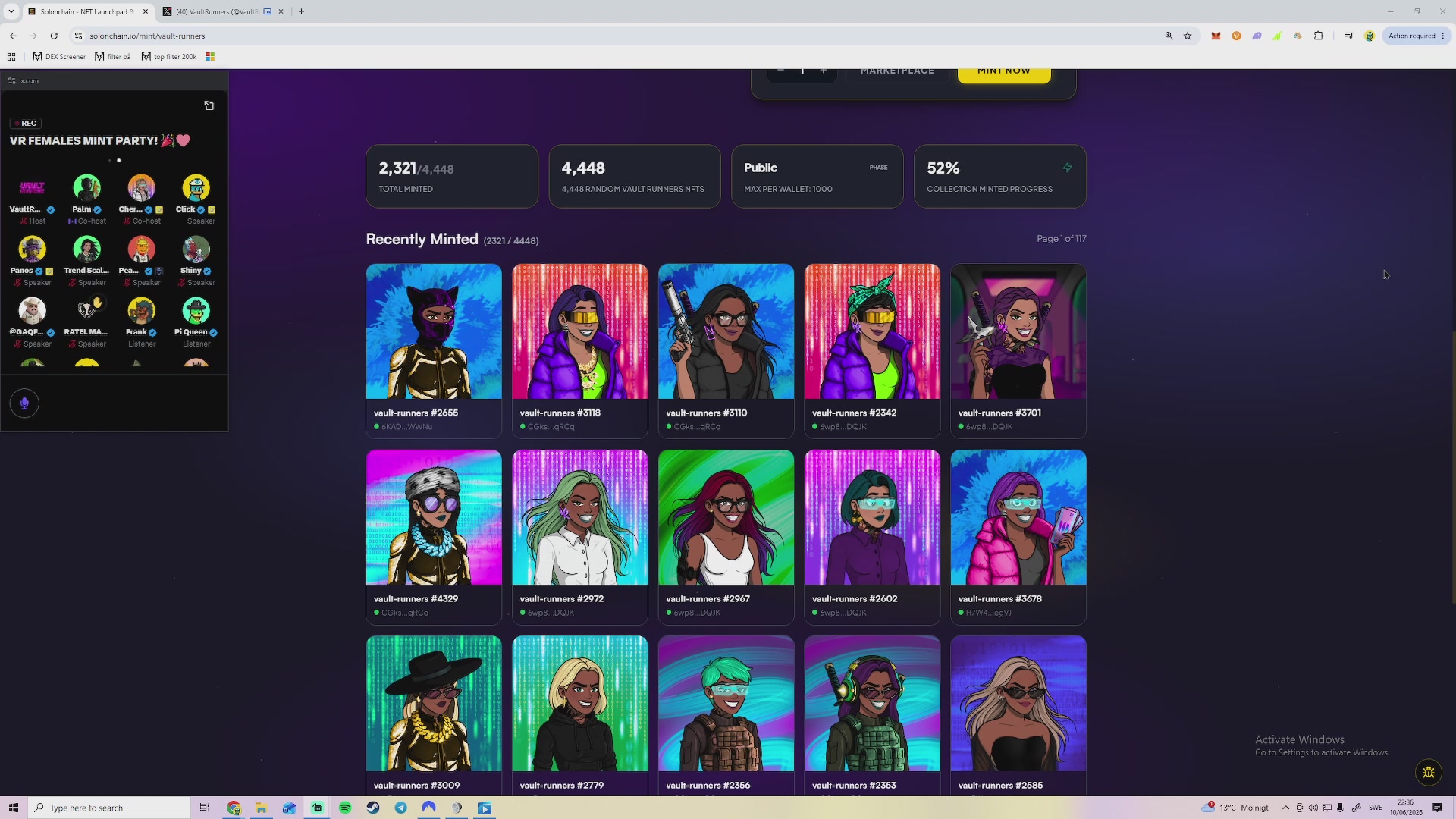 The image shows a computer screen displaying a website called "spaceandlivemint" with a grid of profiles featuring various cartoon characters, including a man wearing a black hat holding a gun. The website appears to be focused on selling these cartoon character profiles for money.