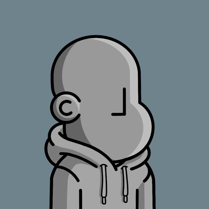 A minimalist cartoon illustration of a faceless grey figure wearing a hooded sweatshirt with ear-like details, shown in profile against a solid blue background.