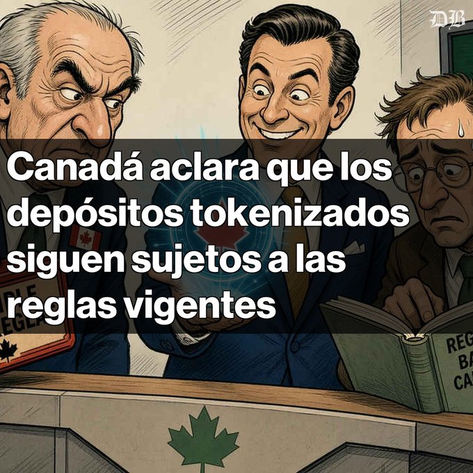 A cartoon illustration of three men at a table with a Canadian maple leaf, overlaid with Spanish text: 'Canadá aclara que los depósitos tokenizados siguen sujetos a las reglas vigentes'.