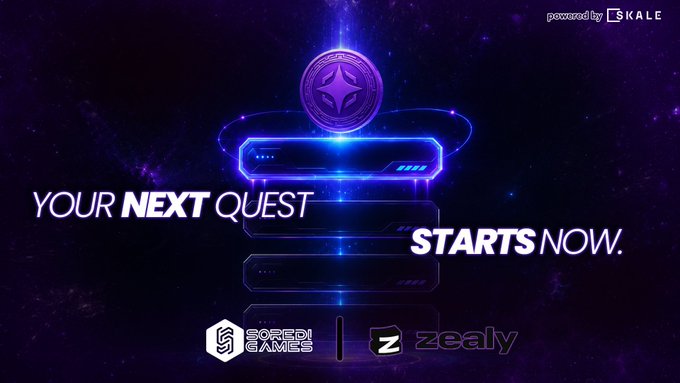 A futuristic cosmic-themed promotional graphic for Blink Galaxy (BG) features a glowing token above digital quest panels, with the text "YOUR NEXT QUEST STARTS NOW." and "powered by SKALE," along with the Soredi Games and Zealy logos at the bottom.