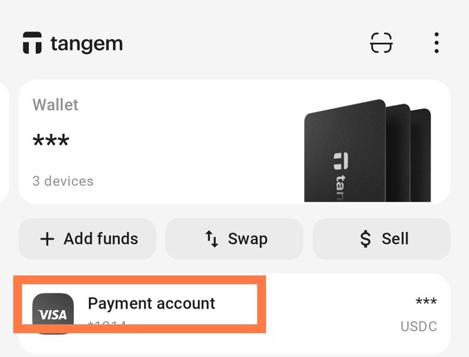 A Tangem digital wallet interface displays the user's wallet connected to 3 devices, along with options to "Add funds," "Swap," and "Sell," with a highlighted payment account ending in ***1821 configured with USDC. The image complements the post by showcasing the convenient payment feature of the Tangem wallet, which can be tapped to make purchases like coffee, with compatibility for Google Wallet and Apple Pay.