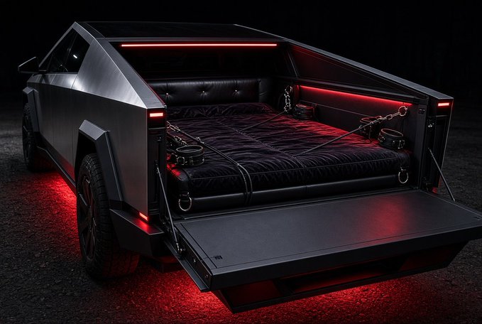 A Tesla Cybertruck with its tailgate open reveals a black tufted mattress setup with chains and ambient red LED lighting in the truck bed.
