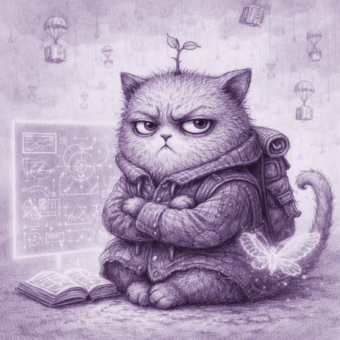 A grumpy purple cat with a sprouting plant on its head sits with crossed arms beside an open book and floating parachuting packages, while a glowing butterfly hovers near its tail. The whimsical, ethereal illustration complements the post's appreciation for a custom NFT gift from @ethos_network, capturing the magical and personal value the recipient sees in keeping it rather than selling.