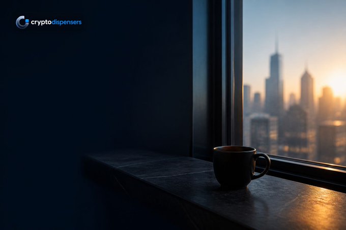 A coffee cup sits on a dark stone windowsill overlooking a city skyline at sunset, with the 'cryptodispensers' logo in the top left corner.