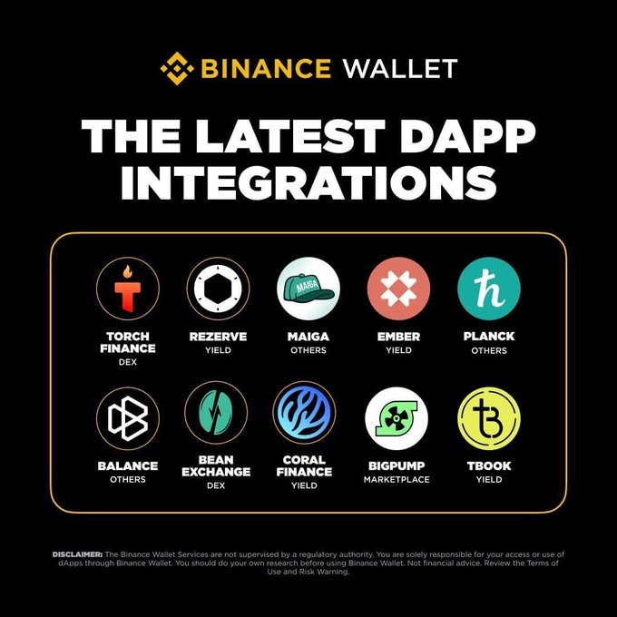 A Binance Wallet promotional graphic showcasing "The Latest DApp Integrations" featuring 10 crypto projects including Torch Finance (DEX), Rezerve (Yield), Maiga (Others), Ember (Yield), Planck (Others), Balance (Others), Bean Exchange (DEX), Coral Finance (Yield), BigPump (Marketplace), and TBook (Yield), with the Maiga logo visible among the integrations—aligning with the post highlighting Maiga AI's recent revisit and its AI Agents integration for trading analysis and strategy execution.