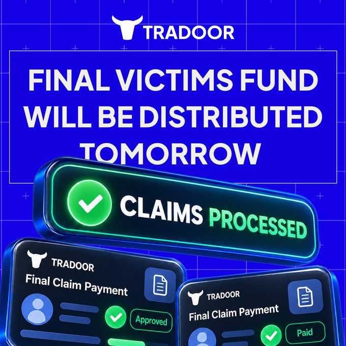 Blue promotional graphic for TRADOOR announcing 'FINAL VICTIMS FUND WILL BE DISTRIBUTED TOMORROW' with a 'CLAIMS PROCESSED' badge and two interface screens showing 'Final Claim Payment' statuses marked 'Approved' and 'Paid'.