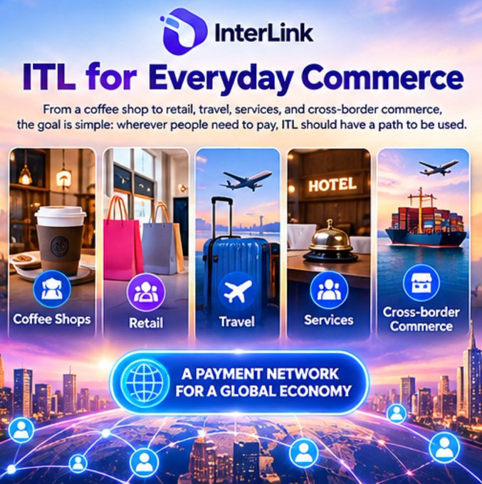 An InterLink advertisement promotes 'ITL for Everyday Commerce' across five categories: Coffee Shops, Retail, Travel, Services, and Cross-border Commerce, with the tagline 'A PAYMENT NETWORK FOR A GLOBAL ECONOMY'.