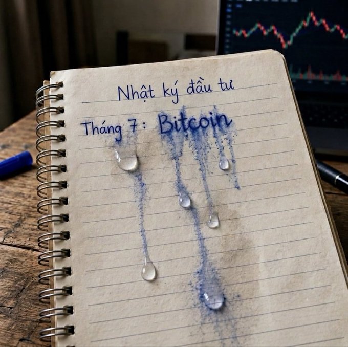 A spiral notebook titled "Nhật ký đầu tư - Tháng 7: Bitcoin" has water droplets running down its page, smearing the ink into tears. In the background, a laptop displays a red downward-trending Bitcoin price chart, visually capturing the post's message of a tearful month of crypto investing losses.