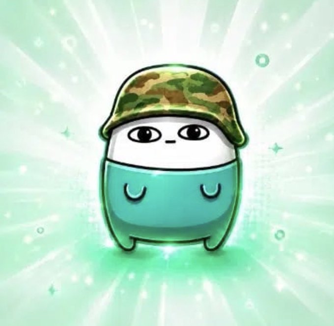 A cartoon character with a round body wearing a green outfit and a camouflage hat, set against a sparkling green background.
