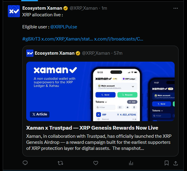 A tweet from Ecosystem Xaman (@XRP_Xaman) announcing an XRP allocation is live for eligible user @XRPLPulse, promoting the Xaman x Trustpad XRP Genesis Airdrop campaign.