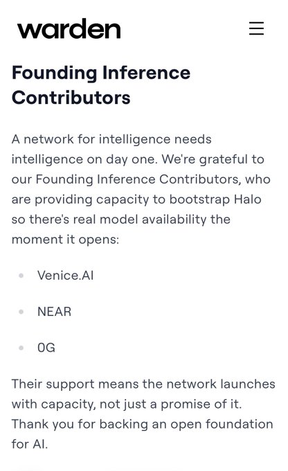 A webpage from 'warden' announces Founding Inference Contributors including Venice.AI, NEAR, and 0G, who are providing capacity to bootstrap the Halo network.