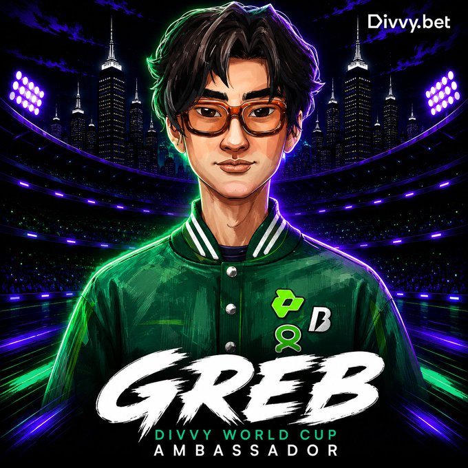 The image features a cartoon drawing of a person wearing glasses and a green jacket with white stripes. The background shows a stadium filled with lights, indicating that this could be an advertisement for a sports event or a gaming competition related to the World Cup. The text on the poster reads "Divvy World Cup" and "Divey World Cup Ambassador", suggesting that the person depicted is either a professional athlete or a gaming enthusiast who has been chosen as an ambassador for the Divvy World Cup.