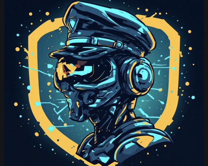 A stylized mascot illustration featuring a robotic figure in a military-style cap and headset, set against a shield background with glowing yellow and cyan accents, visually representing the "Project Sentinel AI" autonomous cyber-security agent being promoted. The tech-themed imagery aligns with the post's message of an AI-powered security bot designed to protect Solana wallets from scams and rugs.
