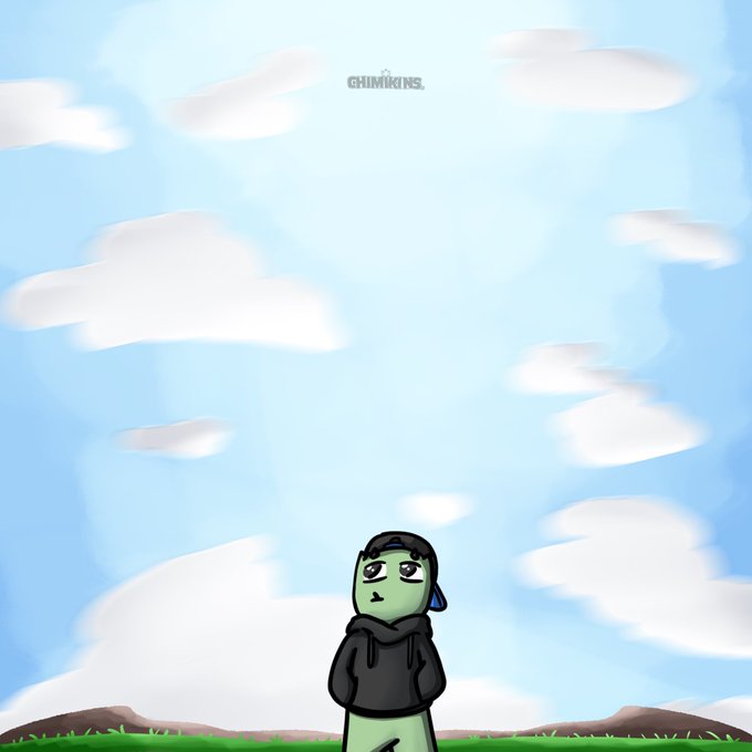 A digital illustration of a small green character wearing a black hoodie and backwards cap standing on a grassy hill under a cloudy blue sky, with the 'GRIMKINS.' logo.
