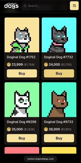 A mobile screenshot of 'market.doginaldogs.com' displays a marketplace for pixel-art Doginal Dog NFTs, showing four listings (#1752, #7732, #8298, #9733) with prices in DOGE coins and USD.