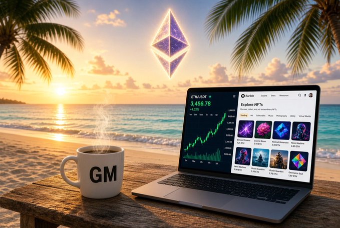 A composite image showing a beach sunset scene with an Ethereum logo in the sky, alongside a laptop displaying an NFT marketplace and a coffee mug labeled 'GM.'