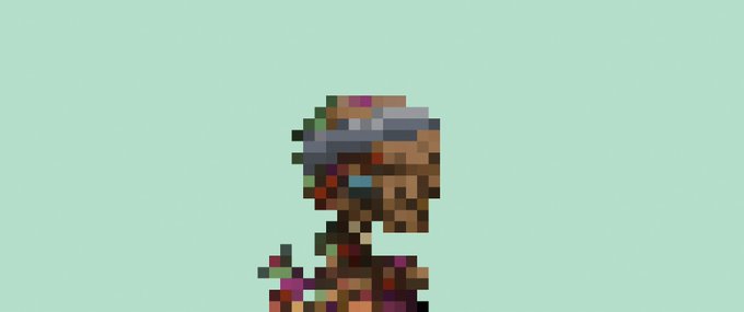 A pixel art illustration of a zombie character with grayish skin, wearing a multicolored cap and shirt, against a light teal background.
