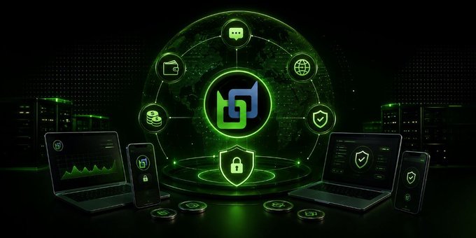 A dark green tech-themed illustration showing a digital globe surrounded by icons representing communication, finance, and security, with laptops and mobile devices displaying security interfaces.
