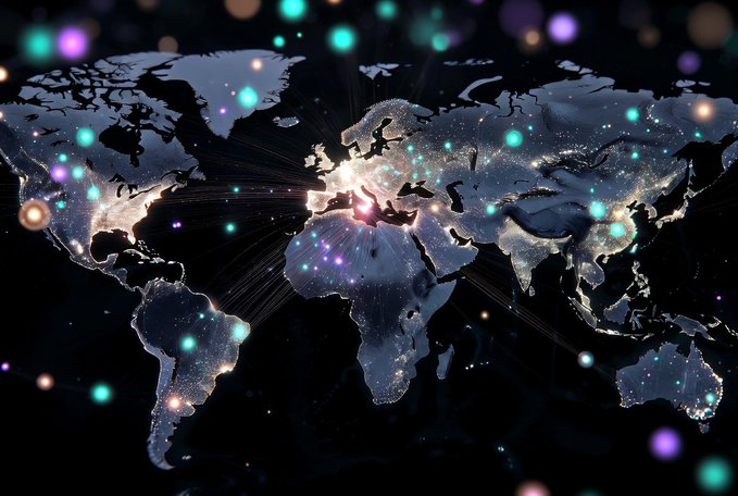 A stylized world map at night showing city lights across continents, illuminated with colorful glowing data points suggesting global connectivity or a network visualization.