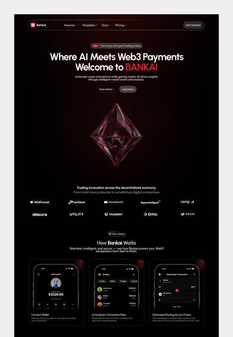 A webpage for 'BANKAI' with the tagline 'Where AI Meets Web3 Payments,' featuring a red diamond logo and descriptions of 'AI Analyze Transaction Risks,' 'Optimized Routing,' and 'Connect Wallet' features shown on phone mockups.