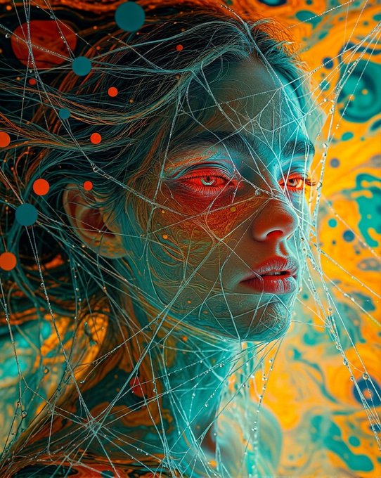 A vibrant digital artwork depicting a person's face surrounded by an intricate web of glowing lines, particles, and cosmic patterns in striking shades of orange, teal, and red.